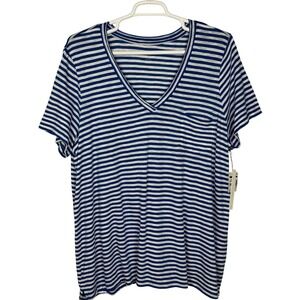 NWT Caslon Striped V-Neck Tee Pocket Coastal Casual Womens 3X Blue Marmara White